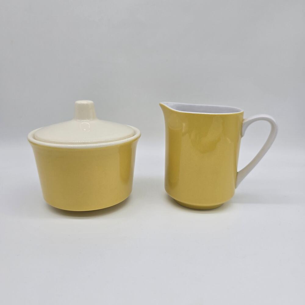 Vintage Mikasa Cera Stone Covered Sugar Bowl & Creamer Set Japan Yellow MCM